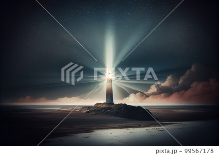 Beautiful night sky behind a shining lighthouse 99567178