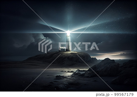 Beautiful night sky behind a shining lighthouse 99567179