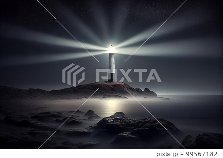 Beautiful night sky behind a shining lighthouse 99567182