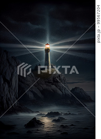 Beautiful night sky behind a shining lighthouse Beautiful night sky behind a shining lighthouse 99567204