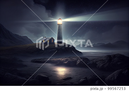 Beautiful night sky behind a shining lighthouse 99567253
