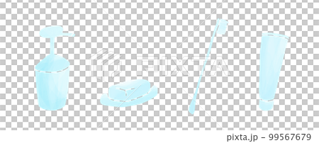 洗面所にあるもの(ハンドソープ、石鹸、歯ブラシ、歯磨き粉)のイラスト 洗面所にあるもの(ハンドソープ、石鹸、歯ブラシ、歯磨き粉)のイラスト 99567679
