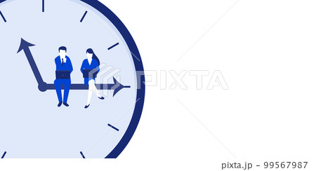 時計の針に座り仕事するビジネスマンのイラスト、右側にコピースペース、ベクター 時計の針に座り仕事するビジネスマンのイラスト、右側にコピースペース、ベクター 99567987