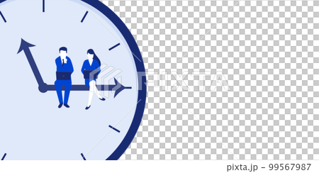 Illustration of a businessman sitting at the hands of a clock and working, copy space on the right, vector Illustration of a businessman sitting at the hands of a clock and working, copy space on the right, vector 99567987