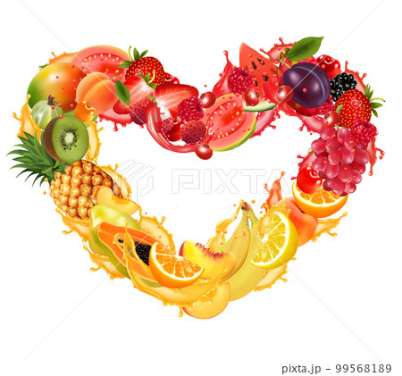 Fruits and berries in a splash of juice collected in the shape of a heart. Strawberry, raspberry, blueberry, blackberry, orange, guava, watermelon, pineapple, mango, peach, apple, kiwi, banana. Vector Fruits and berries in a splash of juice collected in the shape of a heart. Strawberry, raspberry, blueberry, blackberry, orange, guava, watermelon, pineapple, mango, peach, apple, kiwi, banana. Vector 99568189