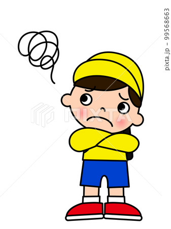 もやもやマークと腕組みして考えている小学生の男の子 全身正面のイラスト 99568663