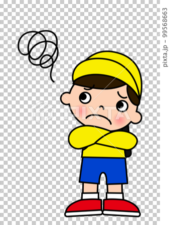 もやもやマークと腕組みして考えている小学生の男の子 全身正面のイラスト 99568663