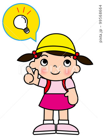 豆電球のひらめきマークと指差しする小学生の女の子 全身正面のイラスト 99568664
