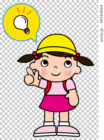 豆電球のひらめきマークと指差しする小学生の女の子 全身正面のイラスト 99568664