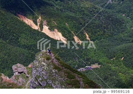 八ヶ岳連峰・横岳から見る大同心を登るクライマーと赤岳鉱泉 八ヶ岳連峰・横岳から見る大同心を登るクライマーと赤岳鉱泉 99569116