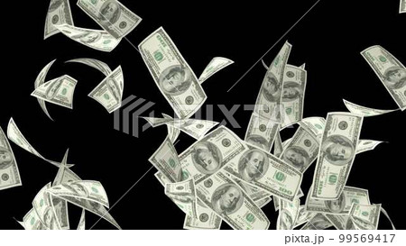Rain of 100 dollar bills 3d. Falling cash on a black background render 3d. Wealth success money 3d background 99569417