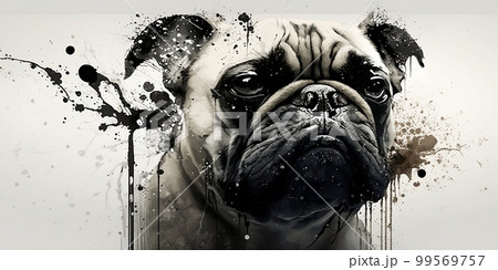 Dark Watercolor Pug Portrait on White Background, Loyal Companion in the Shadows, Mystery Hound, A Dog in Dark Watercolor, Shadowed of A Canine, Generative AI 99569757