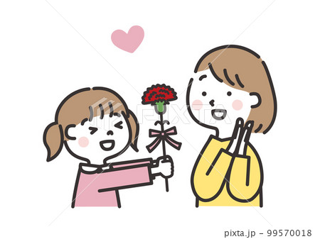 カーネーションをお母さんに渡す女の子　母の日のイラストレーション 99570018