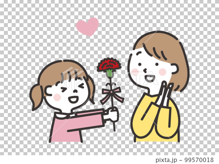 カーネーションをお母さんに渡す女の子　母の日のイラストレーション 99570018
