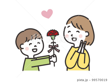 カーネーションをお母さんに渡す男の子 母の日のイラスト カーネーションをお母さんに渡す男の子 母の日のイラスト 99570019