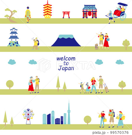 日本観光を楽しむ外国人　シームレス背景 99570376