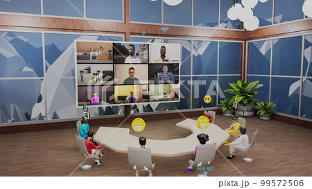 3D render of avatars on meeting in virtual office 99572506