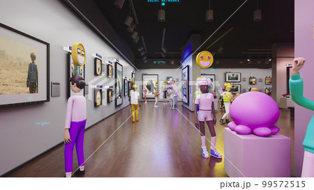 3D render of avatars look at NFT pictures in metaverse 99572515