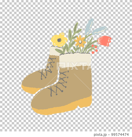 Fashionable hand drawn illustration of brown outdoor boots decorated with flowers 99574474