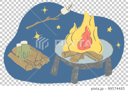 Bonfire, firewood and marshmallows pointing to tree branches Fashionable hand drawn illustration Bonfire, firewood and marshmallows pointing to tree branches Fashionable hand drawn illustration 99574485
