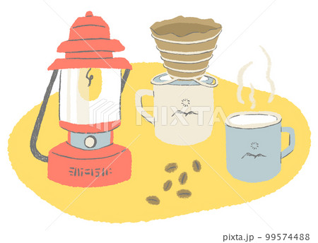 コーヒーとマグカップとランタン アウトドア　おしゃれな手描きイラスト 99574488