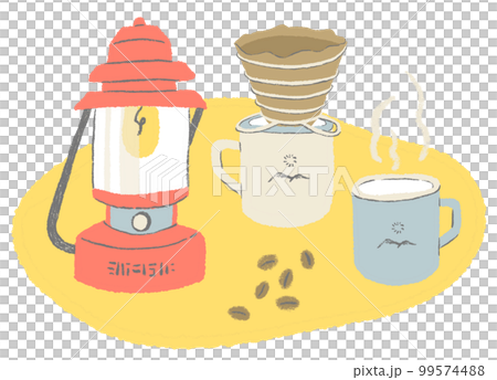 コーヒーとマグカップとランタン アウトドア　おしゃれな手描きイラスト 99574488