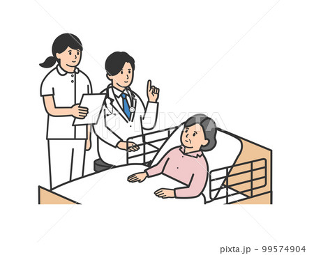 入院中のベッドで医者の話を聞く年配女性のイラスト 入院中のベッドで医者の話を聞く年配女性のイラスト 99574904
