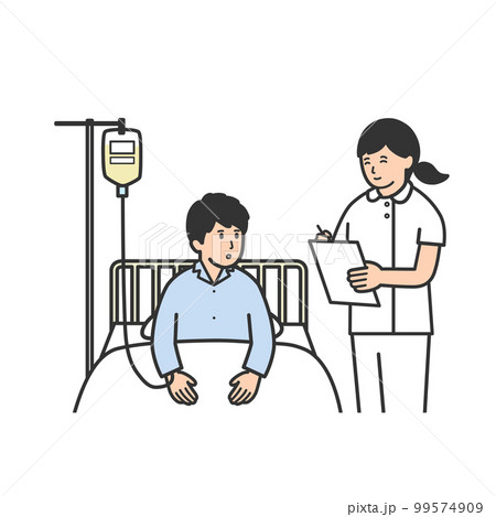 ベッドで看護師と話をする男性のイラスト ベッドで看護師と話をする男性のイラスト 99574909