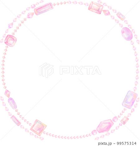 ピンク色のネックレスの丸フレーム。水彩絵の具で描いたイラスト。 99575314
