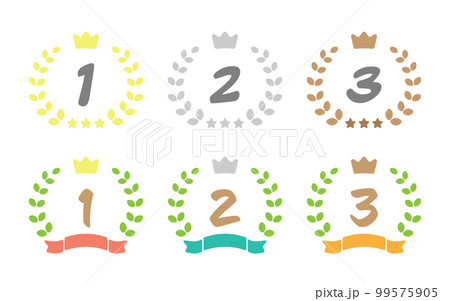 ポップな月桂樹と王冠とリボンのランキングマーク アイコンイラストセット ポップな月桂樹と王冠とリボンのランキングマーク アイコンイラストセット 99575905