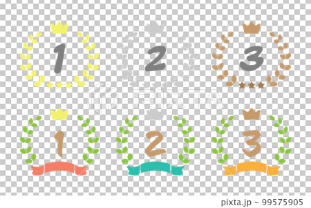 ポップな月桂樹と王冠とリボンのランキングマーク アイコンイラストセット ポップな月桂樹と王冠とリボンのランキングマーク アイコンイラストセット 99575905