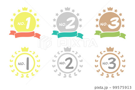 ポップな月桂樹と王冠とリボンを組み合わせたメダル 金 銀 銅 ポップな月桂樹と王冠とリボンを組み合わせたメダル 金 銀 銅 99575913