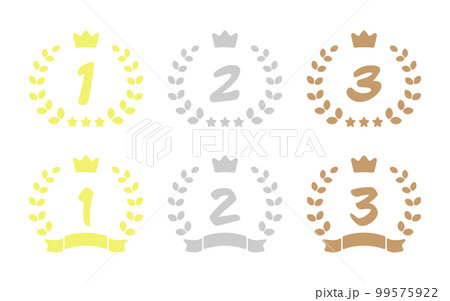 ポップな月桂樹と王冠とリボンのランキングマーク　アイコンイラストセット 99575922