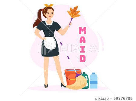 Professional Girl Maid Illustration of Cleaning Service Wearing her Uniform with Apron for Clean a House in Flat Cartoon Hand Drawn Templates 99576789