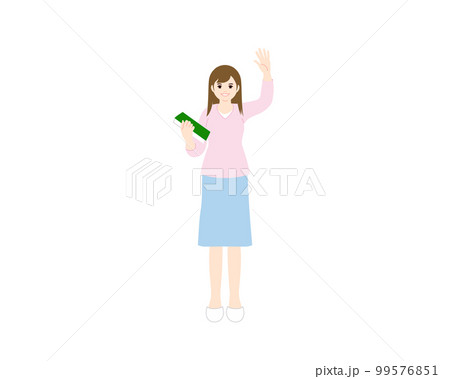 本を持って挨拶に手をあげる女子大学生 本を持って挨拶に手をあげる女子大学生 99576851