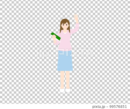 本を持って挨拶に手をあげる女子大学生 本を持って挨拶に手をあげる女子大学生 99576851