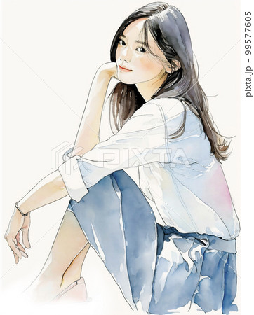 若い女性の水彩画イラスト「AI生成画像」のイラスト素材 [99577605