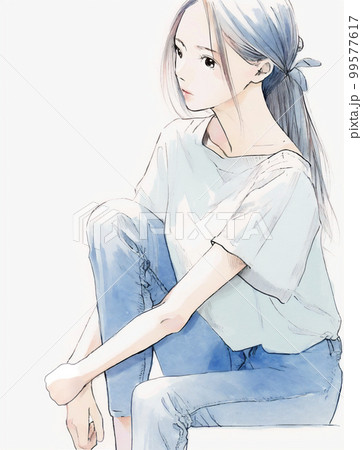 膝を抱えて座る若い女性の水彩画イラスト「AI生成画像」 99577617