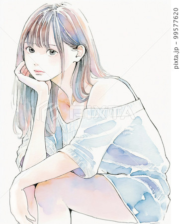 頬杖をついて座ってこちらを見る若い女性の水彩画イラスト「AI生成画像」 頬杖をついて座ってこちらを見る若い女性の水彩画イラスト「AI生成画像」 99577620