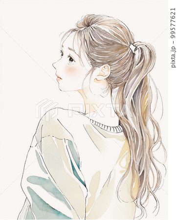 振り返ってこちらを見る女性の後ろ姿　水彩イラスト「AI生成画像」 99577621