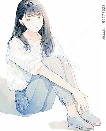 膝を抱えて座る女性の水彩画イラスト「AI生成画像」 膝を抱えて座る女性の水彩画イラスト「AI生成画像」 99577628