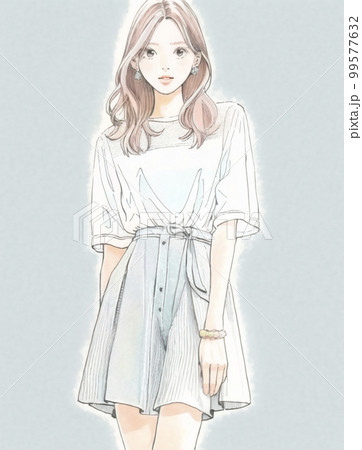 立ち絵の若い女性の水彩画イラスト「AI生成画像」のイラスト素材