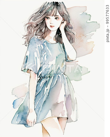 立ち絵の若い女性の水彩画イラスト「AI生成画像」のイラスト素材