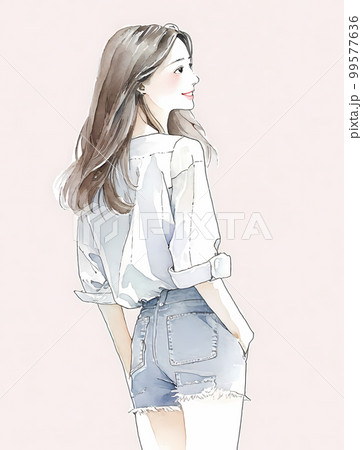 立ち絵の若い女性の水彩画イラスト「AI生成画像」のイラスト素材