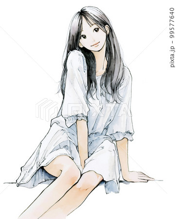 座ってこちらを見る若い女性の水彩画イラスト「AI生成画像」のイラスト