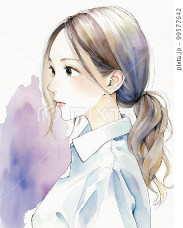 横顔の若い女性の水彩画イラスト「AI生成画像」のイラスト素材