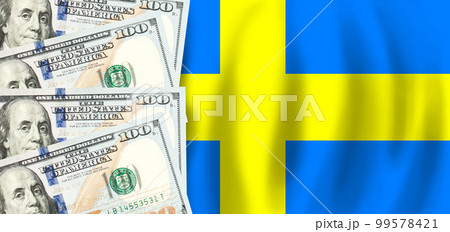 Dollars on flag of Sweden, Swedish finance, subsidies, social support, GDP concept 99578421