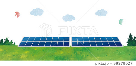 太陽光発電ソーラーパネルと草原の風景水彩 99579027
