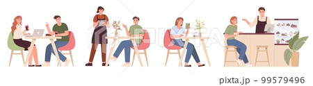 People eating in cafe. Friends talk. Couple drinking coffee or tea. Food lunch. Conversation group. Persons meeting in cafeteria. Freelance work with laptop. Vector flat illustrations set 99579496