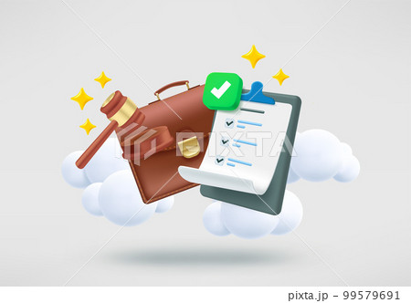 Judicial hammer, briefcase and verdict with checkmark. 3d vector illustration Judicial hammer, briefcase and verdict with checkmark. 3d vector illustration 99579691
